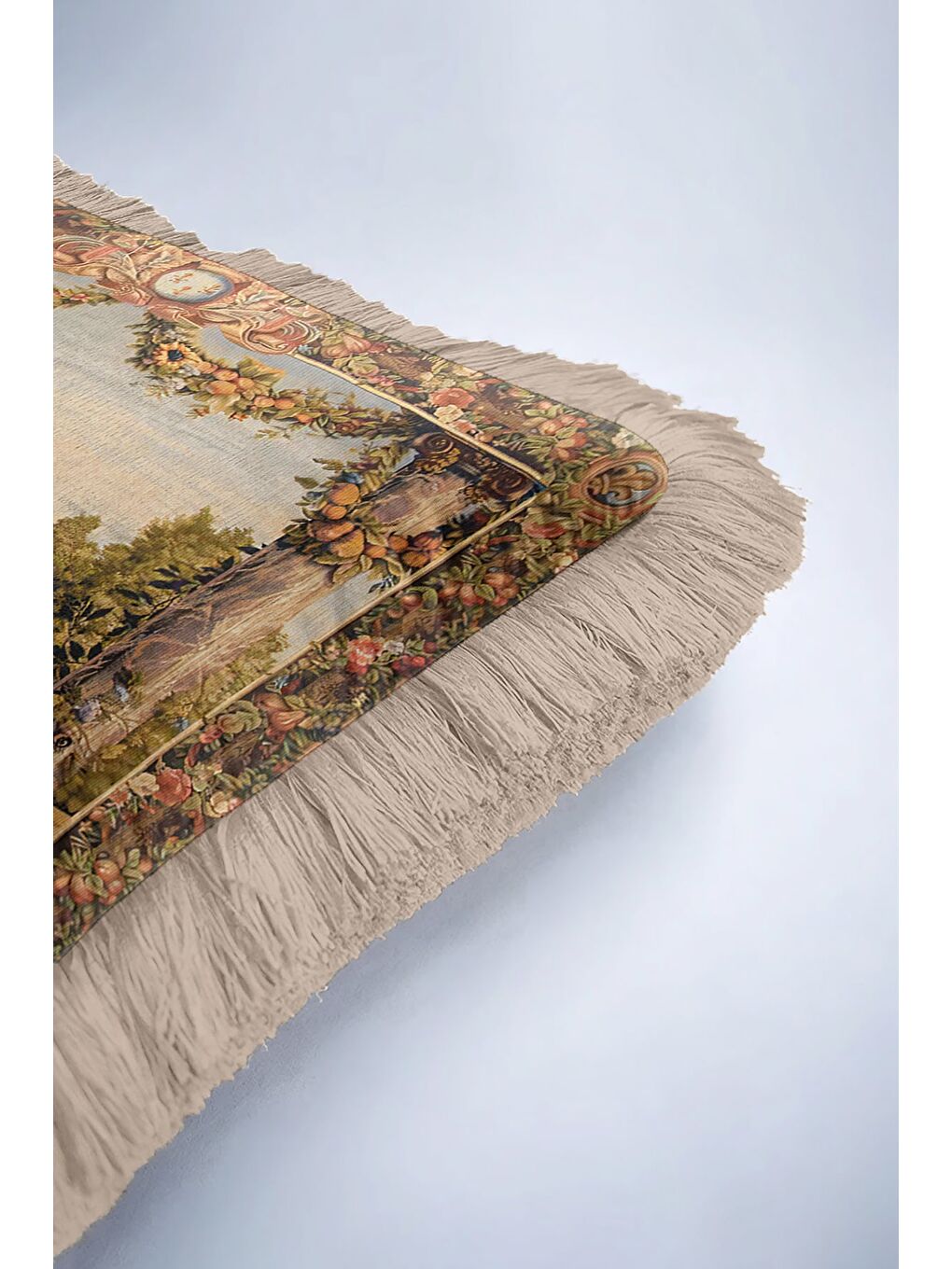 Karışık Fransız Saray Bahçesi Saçaklı Yastık Kılıfı - Klasik Lüks Rustik Bej Renkli Püsküllü Kırlent Kılıfı-6