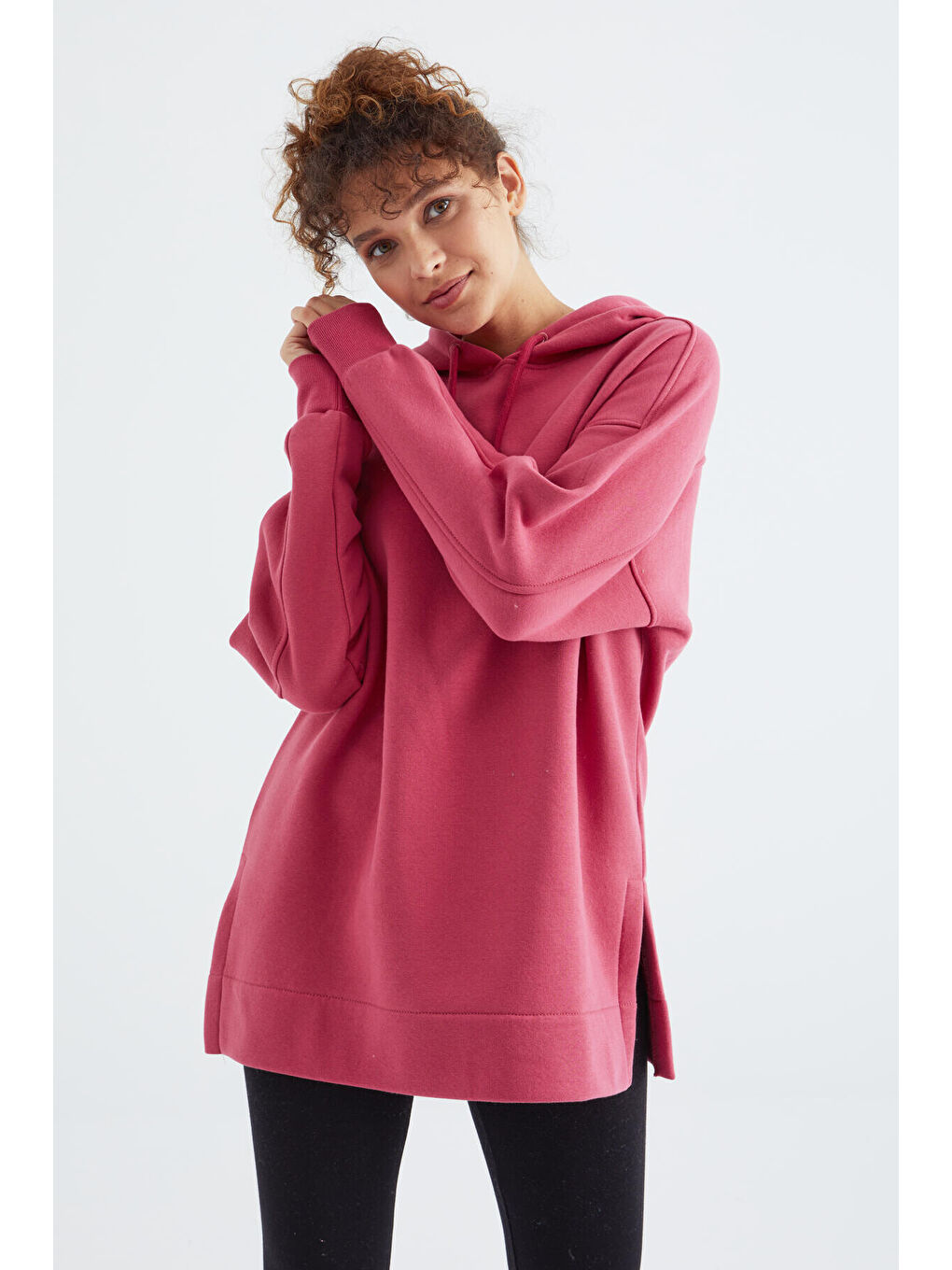 Pembe Yaban Gülü Reglan Kol Basic Kapüşonlu Oversize Tunik - 97242