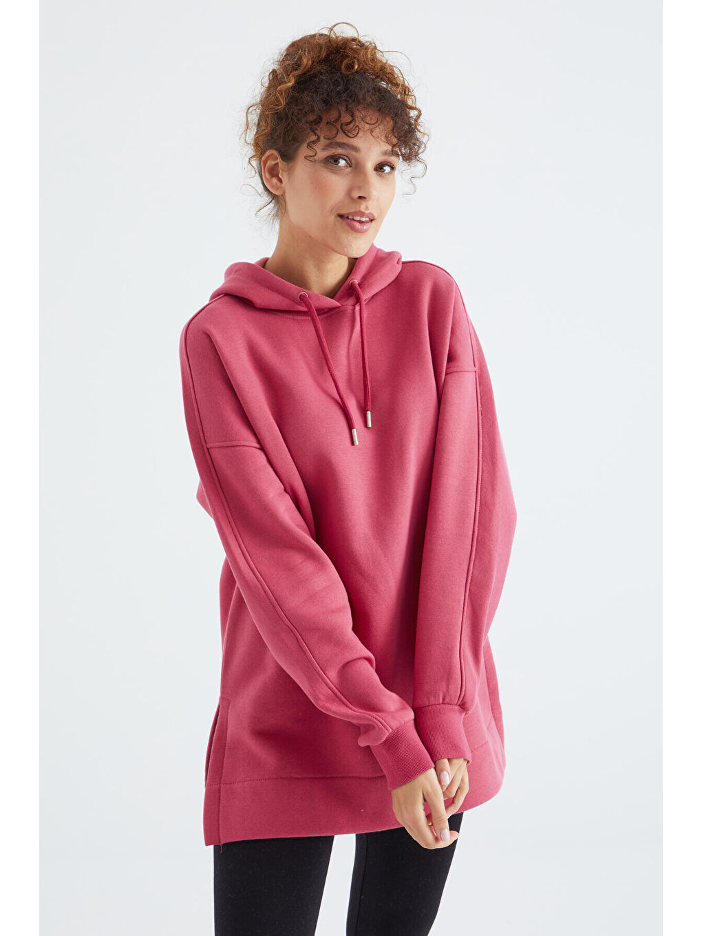 Pembe Yaban Gülü Reglan Kol Basic Kapüşonlu Oversize Tunik - 97242-2