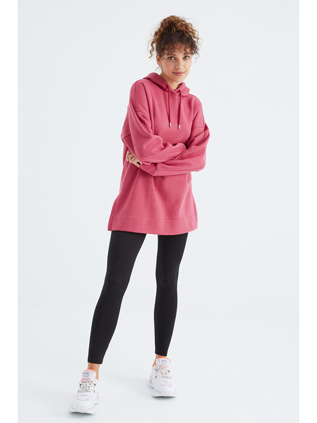 Pembe Yaban Gülü Reglan Kol Basic Kapüşonlu Oversize Tunik - 97242-3