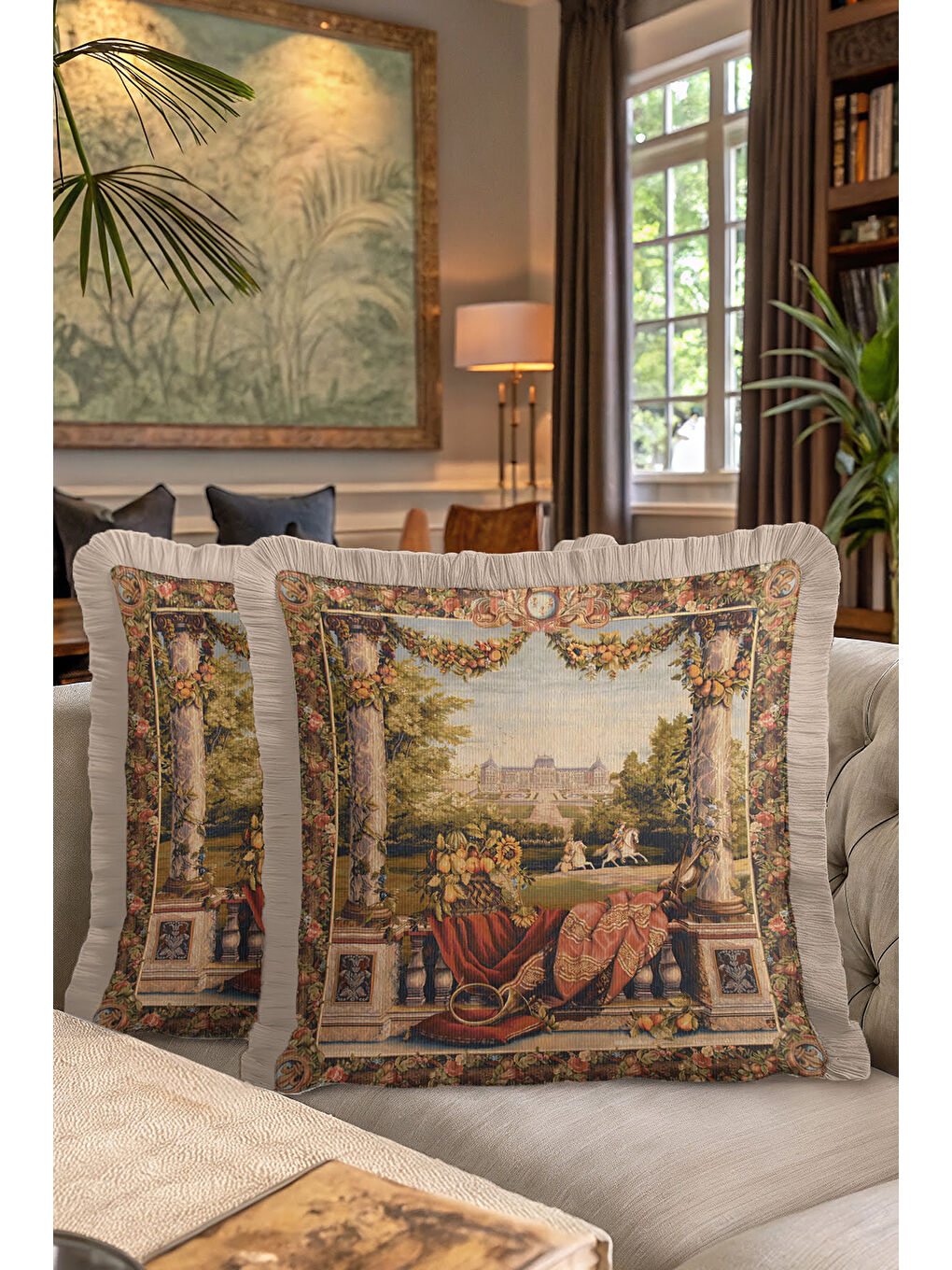 Karışık Fransız Saray Bahçesi Saçaklı Yastık Kılıfı - Klasik Lüks Rustik Bej Renkli Püsküllü Kırlent Kılıfı-7