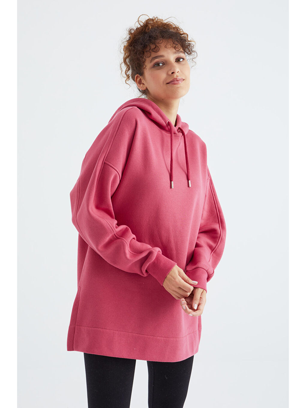 Pembe Yaban Gülü Reglan Kol Basic Kapüşonlu Oversize Tunik - 97242-4