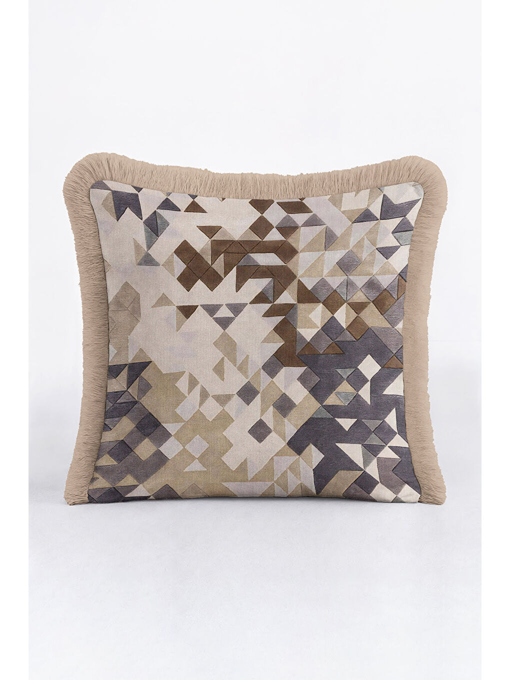Karışık Geometrik Lüks Saçaklı Yastık Kılıfı - Modern Bej Gri Altın Renkli Püsküllü Kırlent Kılıfı-1