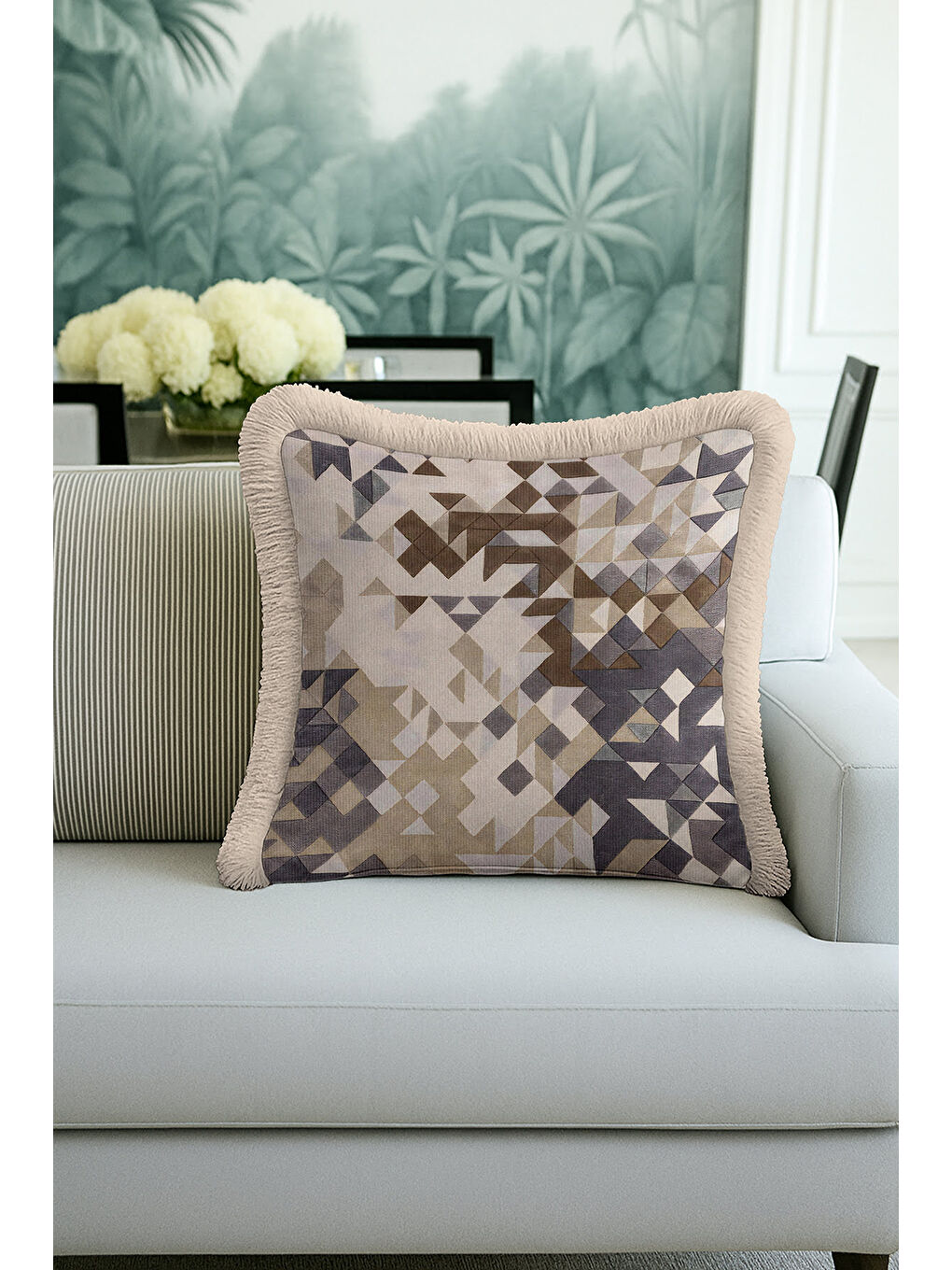 Karışık Geometrik Lüks Saçaklı Yastık Kılıfı - Modern Bej Gri Altın Renkli Püsküllü Kırlent Kılıfı-2