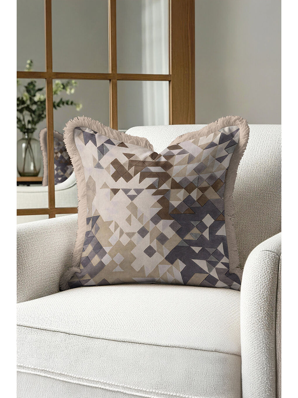 Karışık Geometrik Lüks Saçaklı Yastık Kılıfı - Modern Bej Gri Altın Renkli Püsküllü Kırlent Kılıfı-3