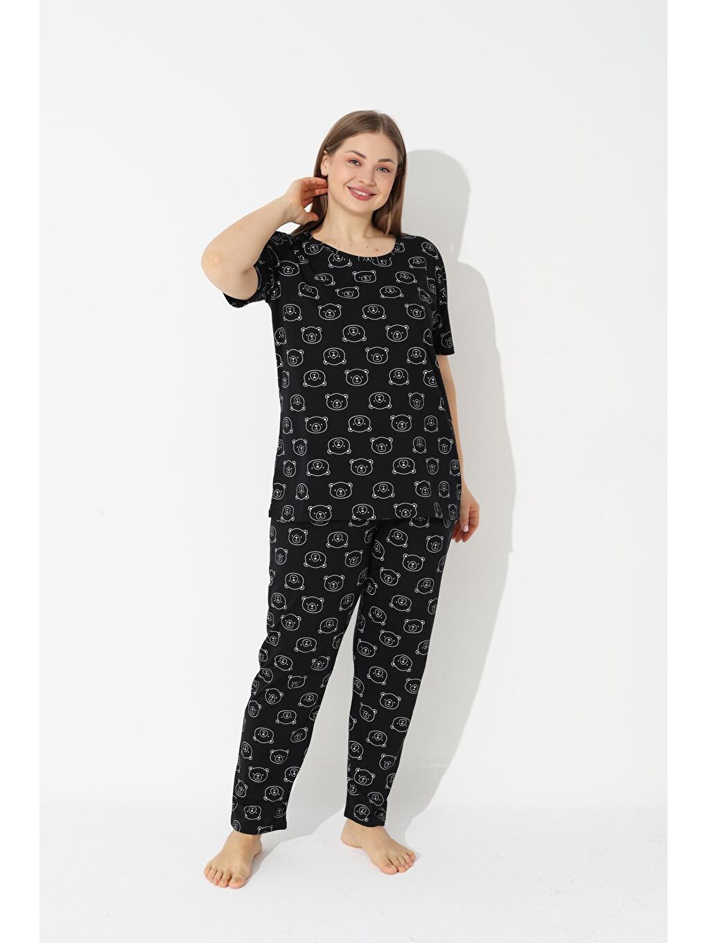 Siyah Ayıcık Desenli Curve Büyük Beden Kısa Kollu Pamuklu Pijama Takımı-1