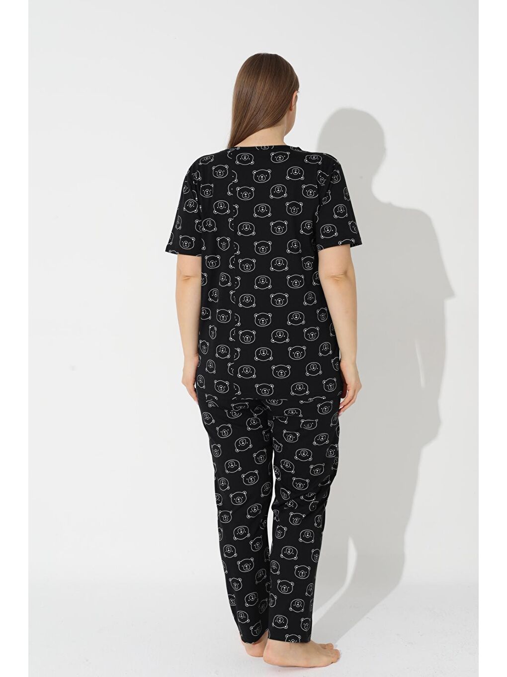 Siyah Ayıcık Desenli Curve Büyük Beden Kısa Kollu Pamuklu Pijama Takımı-2
