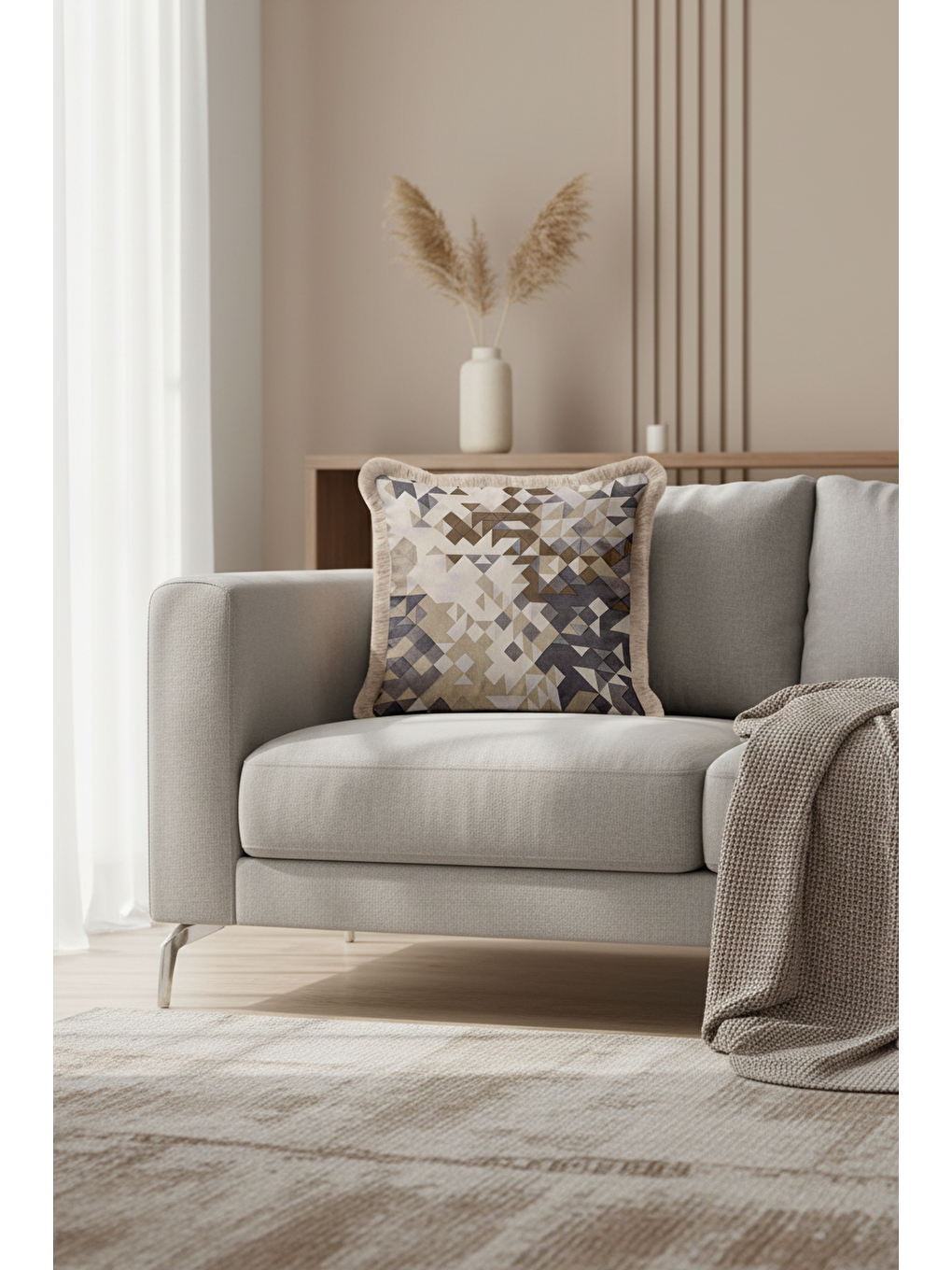 Karışık Geometrik Lüks Saçaklı Yastık Kılıfı - Modern Bej Gri Altın Renkli Püsküllü Kırlent Kılıfı-4