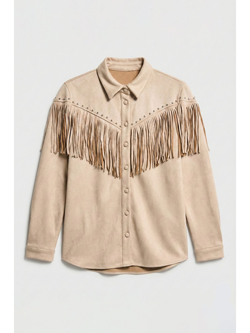 Bej Kadın Taş Renk Süet Kumaş Püskül ve Drop Detaylı Tasarım Gömlek Ceket-4