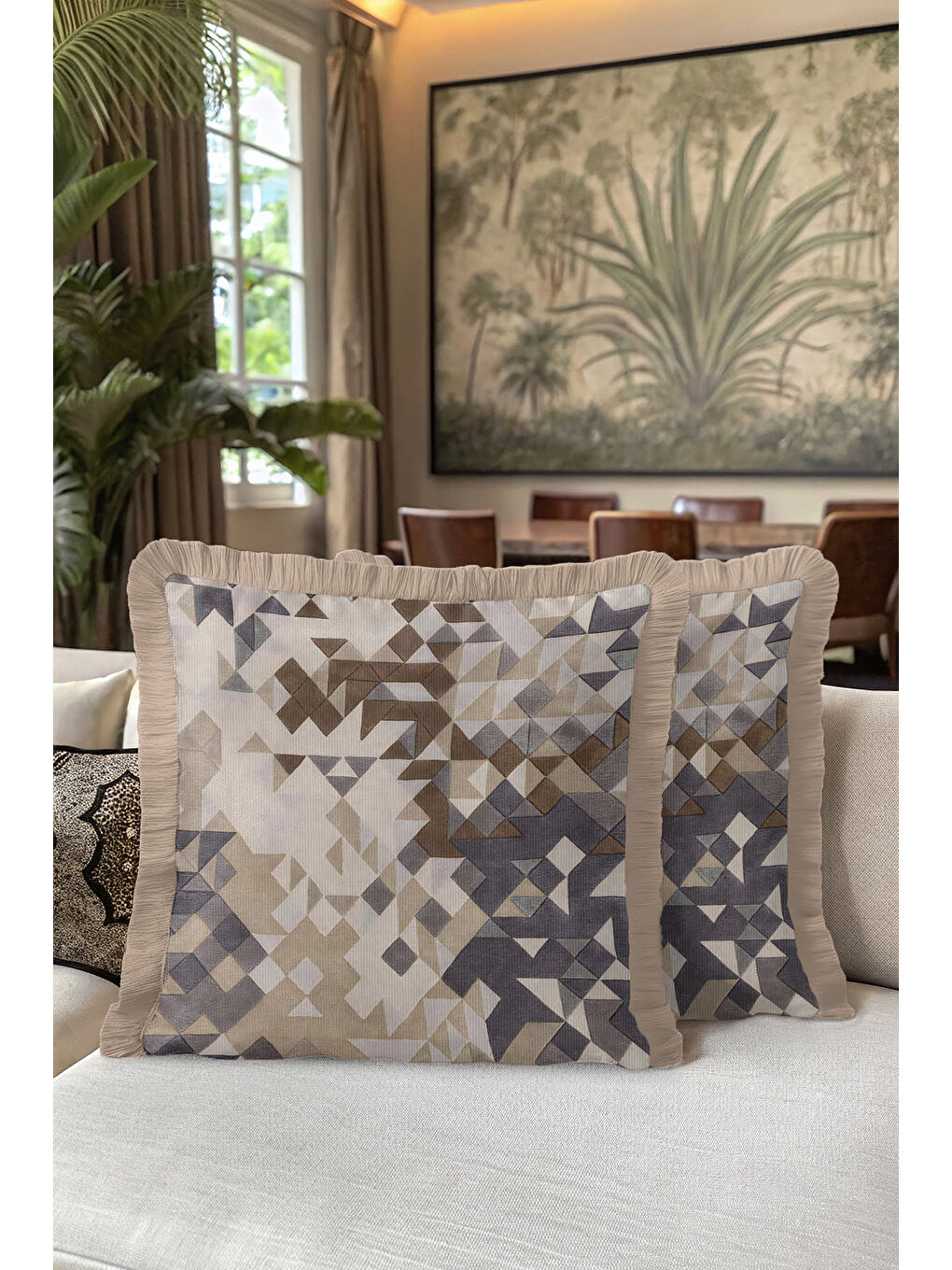 Karışık Geometrik Lüks Saçaklı Yastık Kılıfı - Modern Bej Gri Altın Renkli Püsküllü Kırlent Kılıfı-5