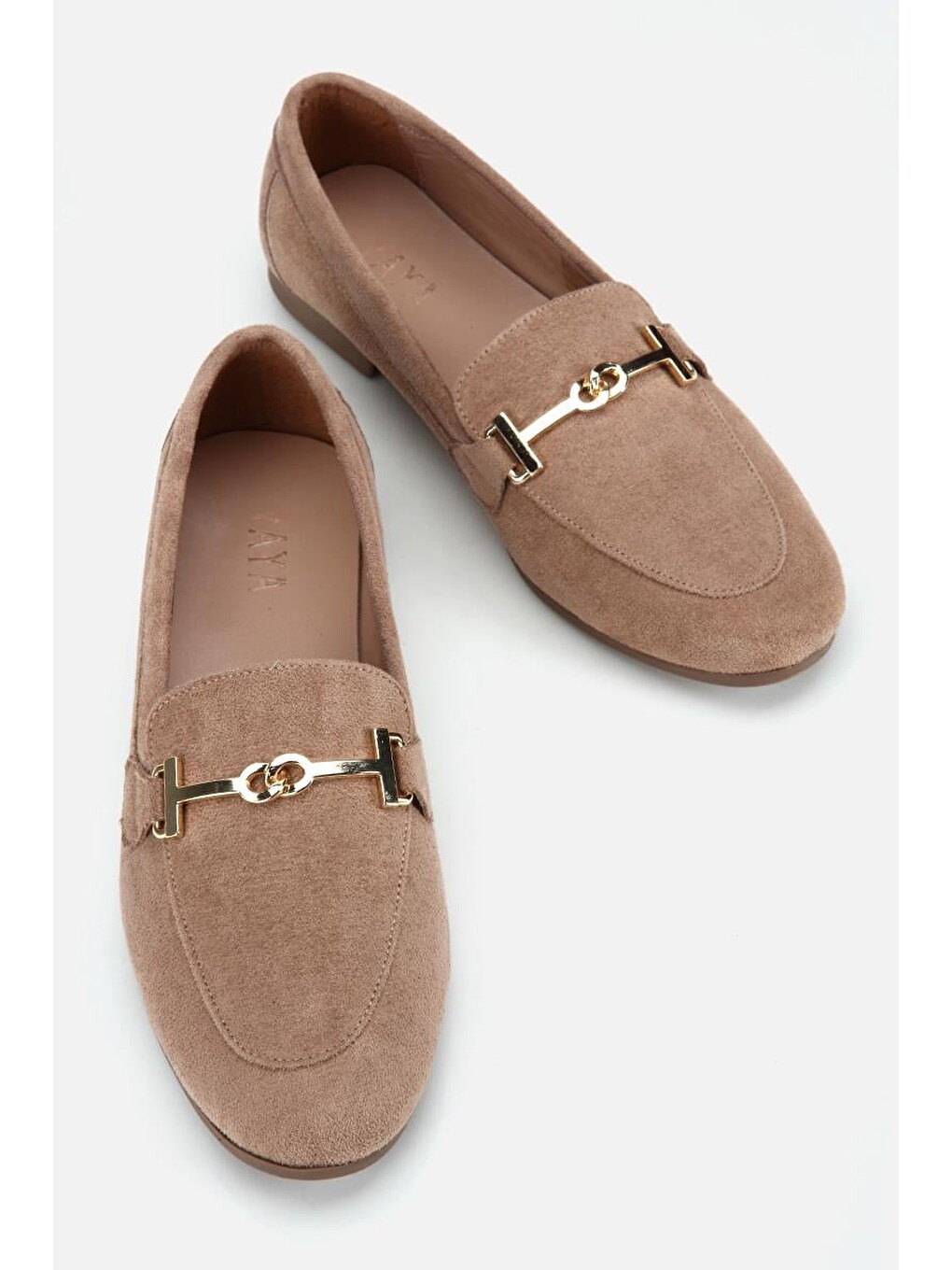 Bej Kadın Vizon Süet Gold Tokalı Loafer-5