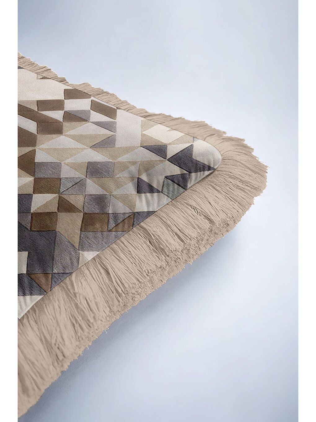 Karışık Geometrik Lüks Saçaklı Yastık Kılıfı - Modern Bej Gri Altın Renkli Püsküllü Kırlent Kılıfı-6