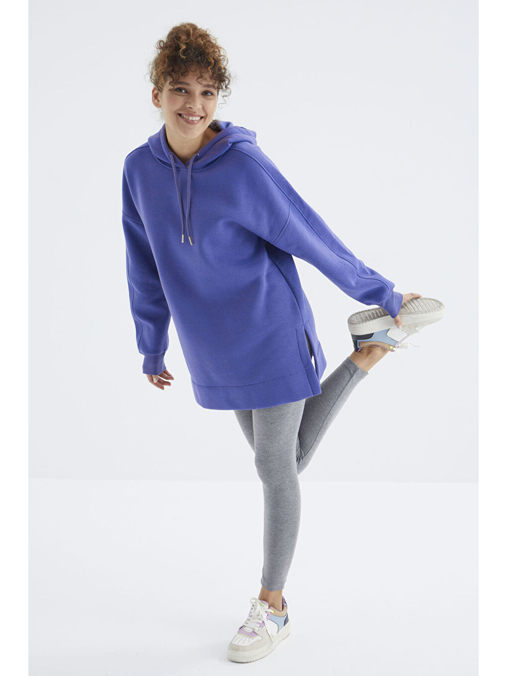 Mor Eflatun Reglan Kol Basic Kapüşonlu Oversize Tunik - 97242-1