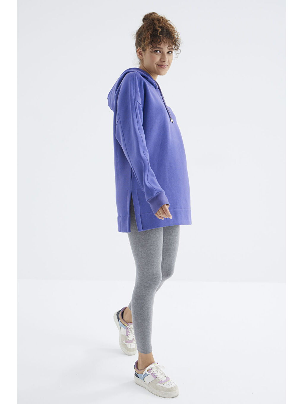 Mor Eflatun Reglan Kol Basic Kapüşonlu Oversize Tunik - 97242-3