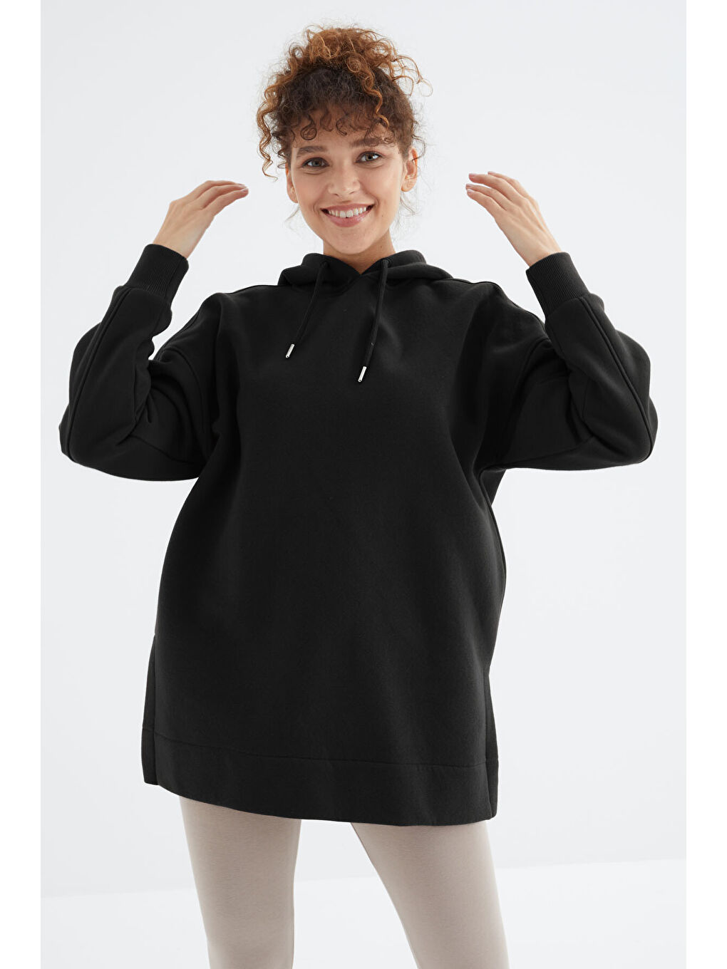 Siyah Reglan Kol Basic Kapüşonlu Oversize Tunik - 97242-4
