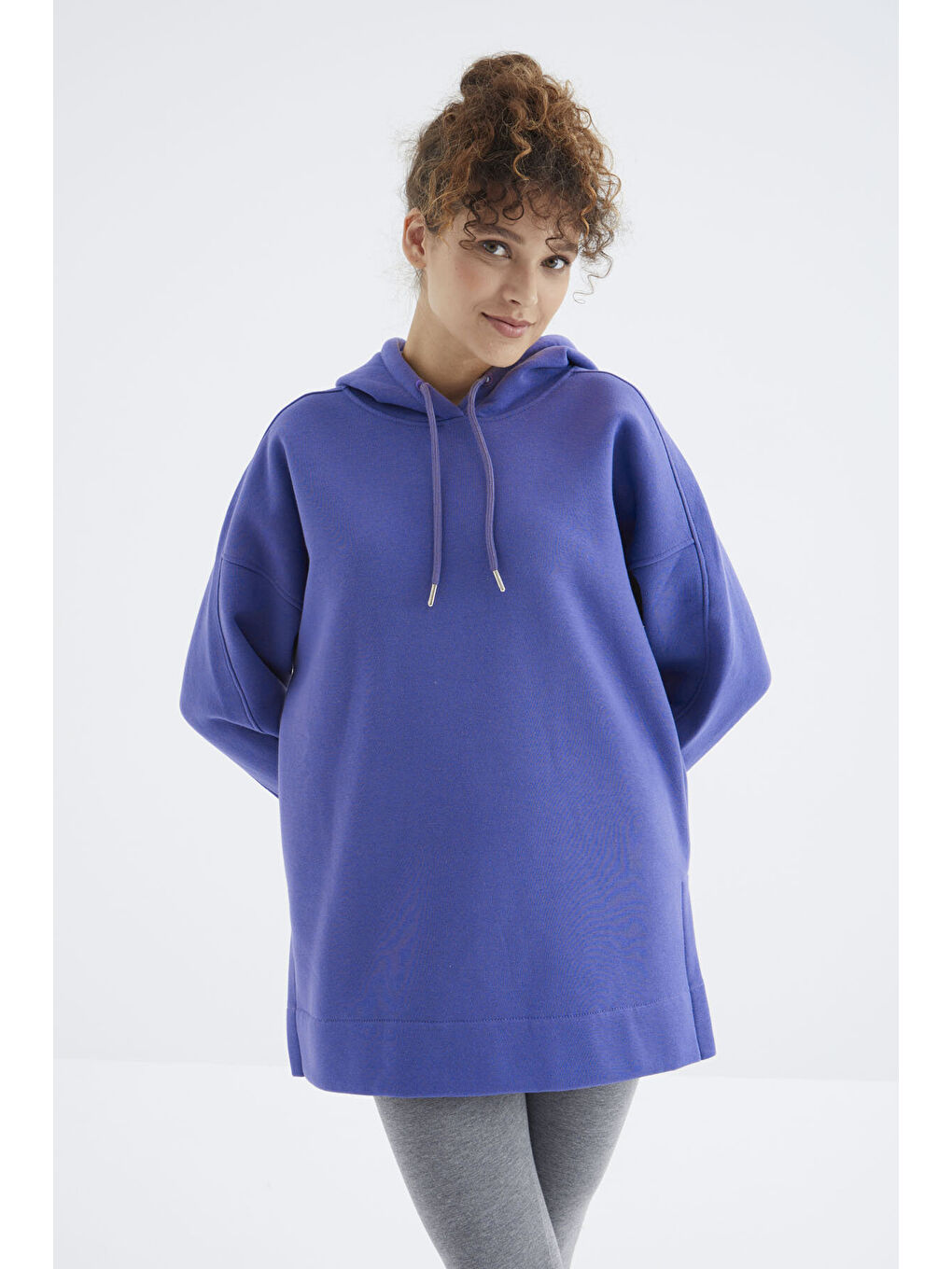 Mor Eflatun Reglan Kol Basic Kapüşonlu Oversize Tunik - 97242-4