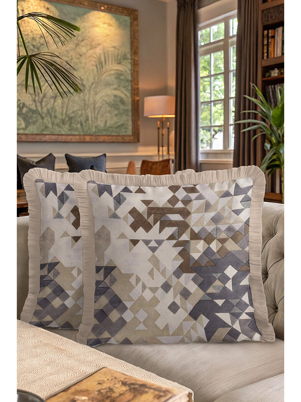 Karışık Geometrik Lüks Saçaklı Yastık Kılıfı - Modern Bej Gri Altın Renkli Püsküllü Kırlent Kılıfı-7