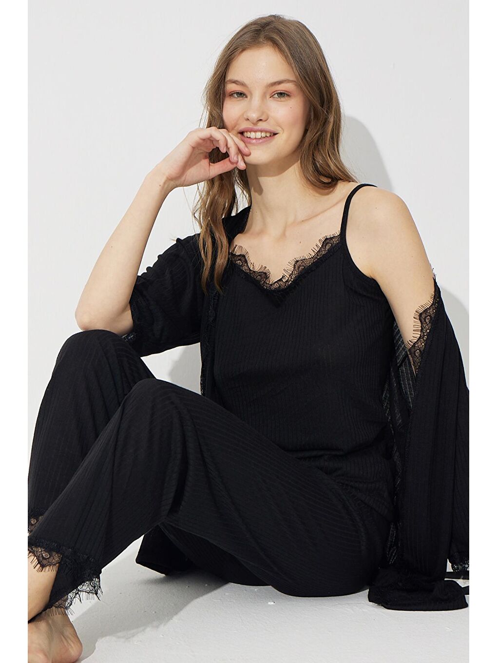 Siyah 3'Lü Soft Touch İnce Örme Sabahlık Takım