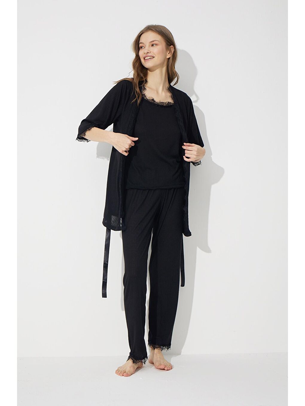 Siyah 3'Lü Soft Touch İnce Örme Sabahlık Takım-1