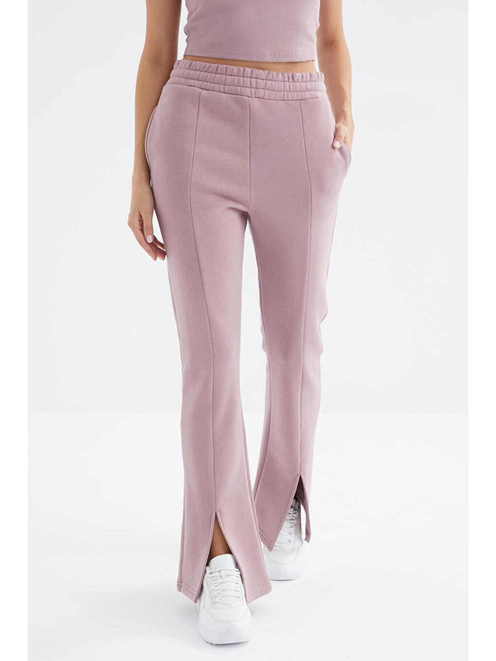 Pembe Gül Kurusu Yüksek Bel Ön Yırtmaç Detaylı Yan Cepli Rahat Form Kadın Eşofman Alt - 94625-3