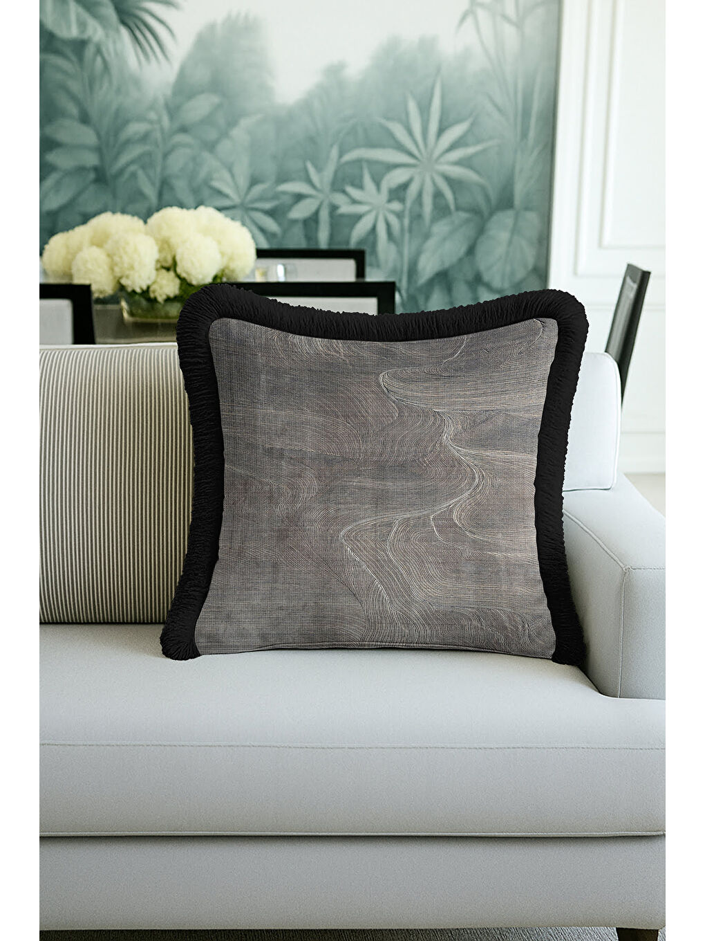 Karışık Modern Lüks Dalga Saçaklı Yastık Kılıfı - Minimalist Elegan Siyah Gri Bohem Püsküllü Kırlent Kılıfı