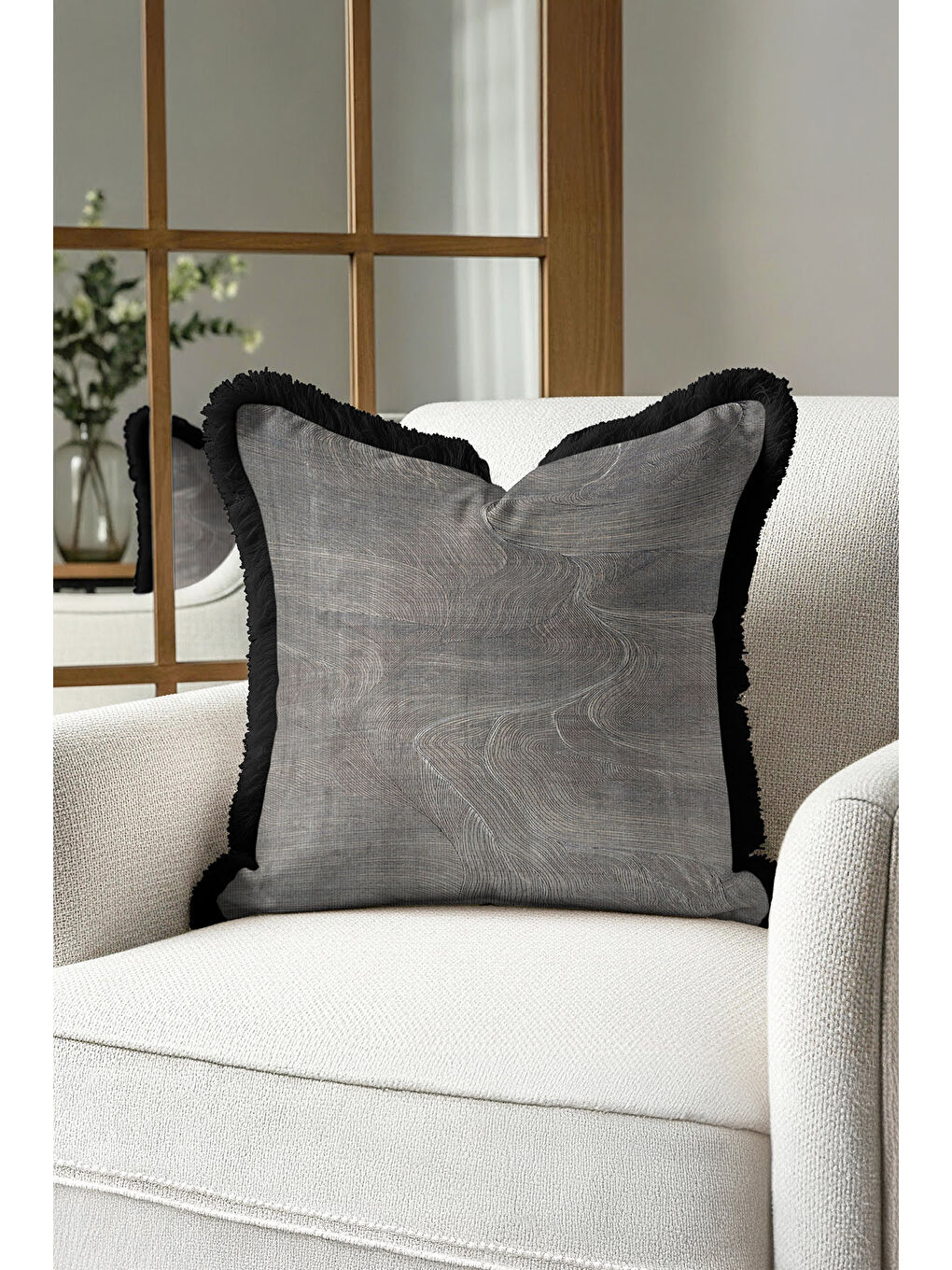 Karışık Modern Lüks Dalga Saçaklı Yastık Kılıfı - Minimalist Elegan Siyah Gri Bohem Püsküllü Kırlent Kılıfı-2