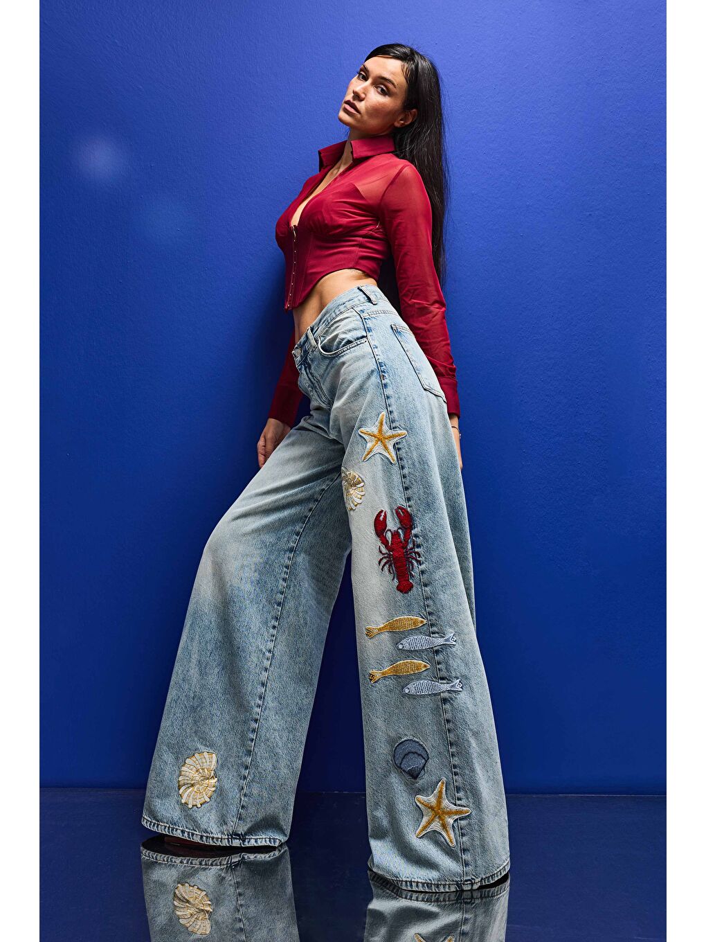 Mavi Kadın Jean Rengi 4s6-32 Palazzo Fit Deniz Dünyası Nakışlı Özel Tasarım Denim Jean-1