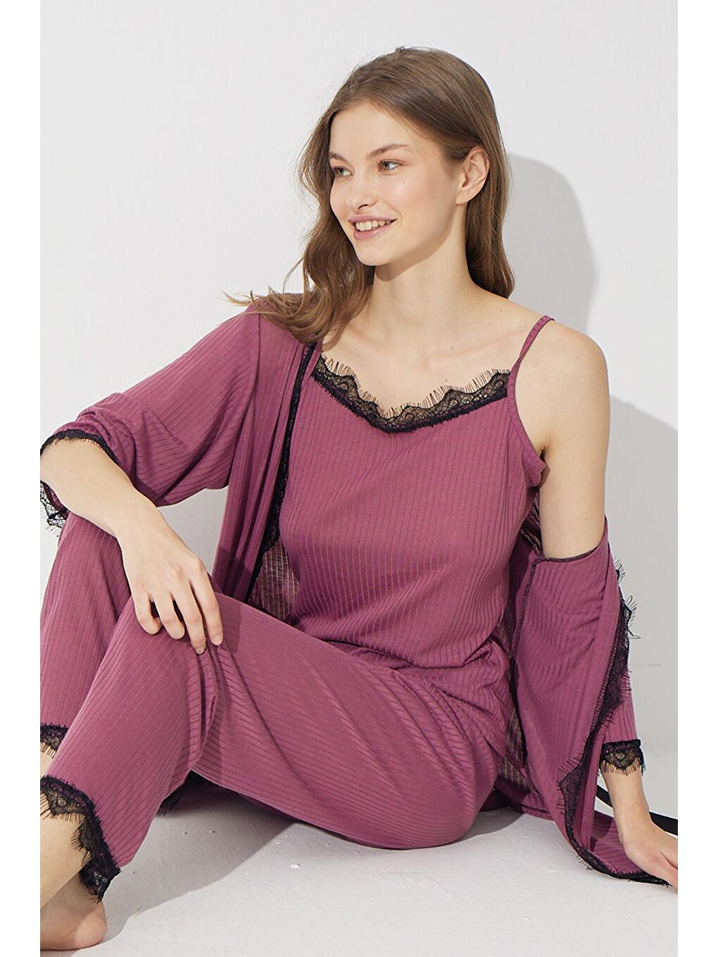 Mor Vişne Çürüğü 3'Lü Soft Touch İnce Örme Sabahlık Takım