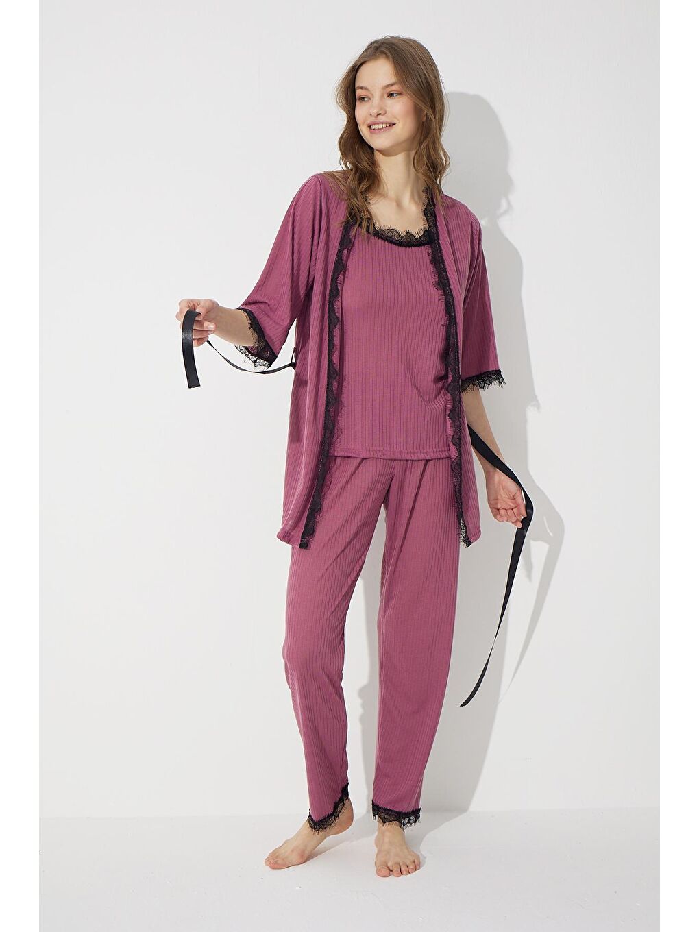 Mor Vişne Çürüğü 3'Lü Soft Touch İnce Örme Sabahlık Takım-1