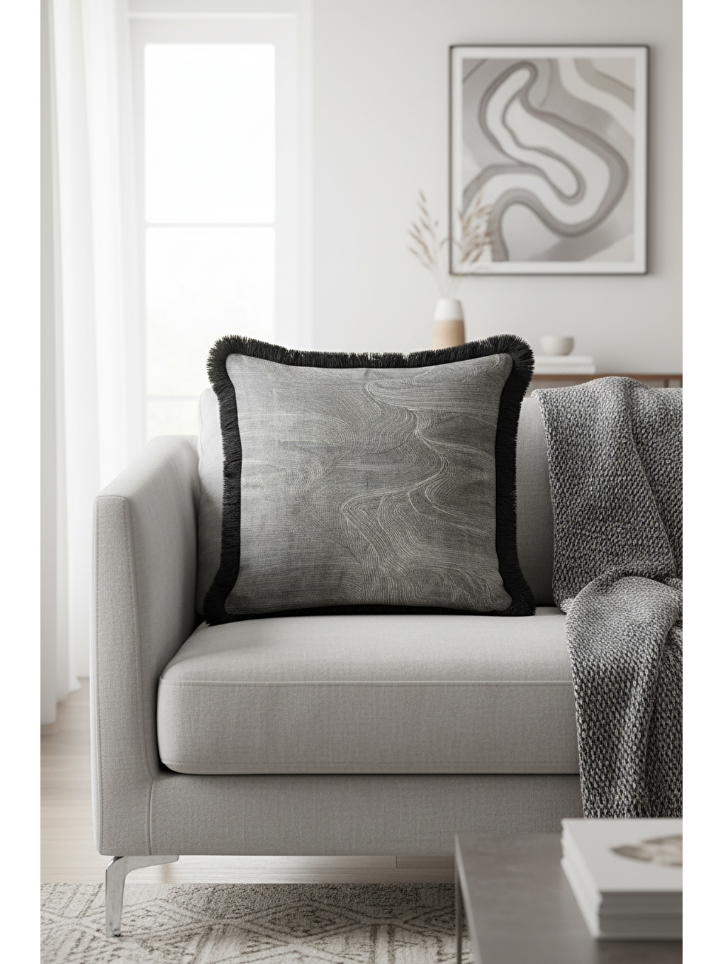 Karışık Modern Lüks Dalga Saçaklı Yastık Kılıfı - Minimalist Elegan Siyah Gri Bohem Püsküllü Kırlent Kılıfı-3