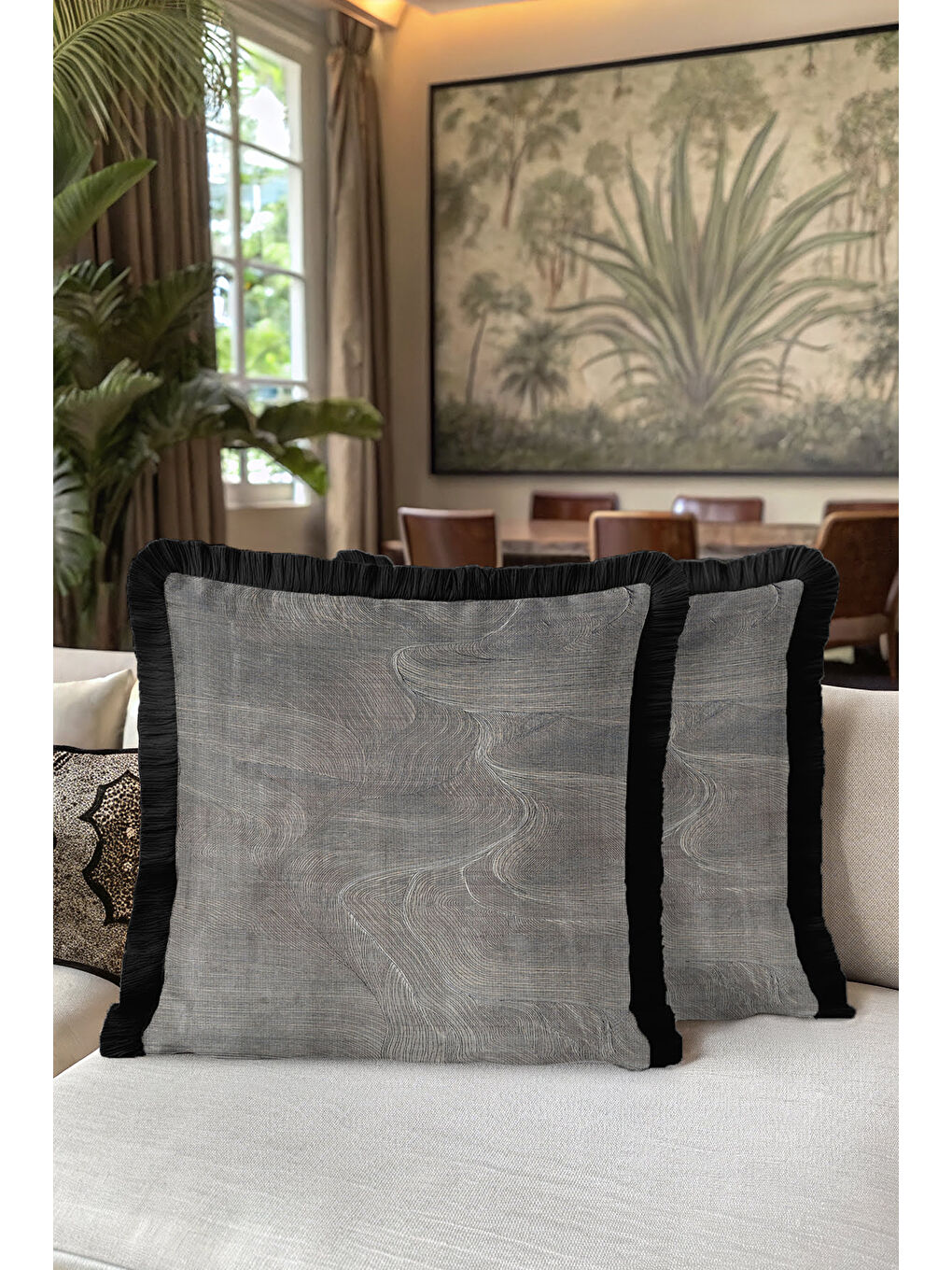 Karışık Modern Lüks Dalga Saçaklı Yastık Kılıfı - Minimalist Elegan Siyah Gri Bohem Püsküllü Kırlent Kılıfı-5