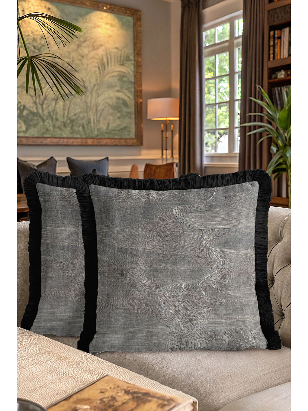 Karışık Modern Lüks Dalga Saçaklı Yastık Kılıfı - Minimalist Elegan Siyah Gri Bohem Püsküllü Kırlent Kılıfı-7