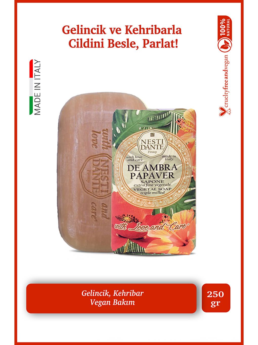 Nesti Dante With Love And Care De Ambra Papaver Katı Sabun 250gr | Nemlendirici | Kehribar, Gelincik