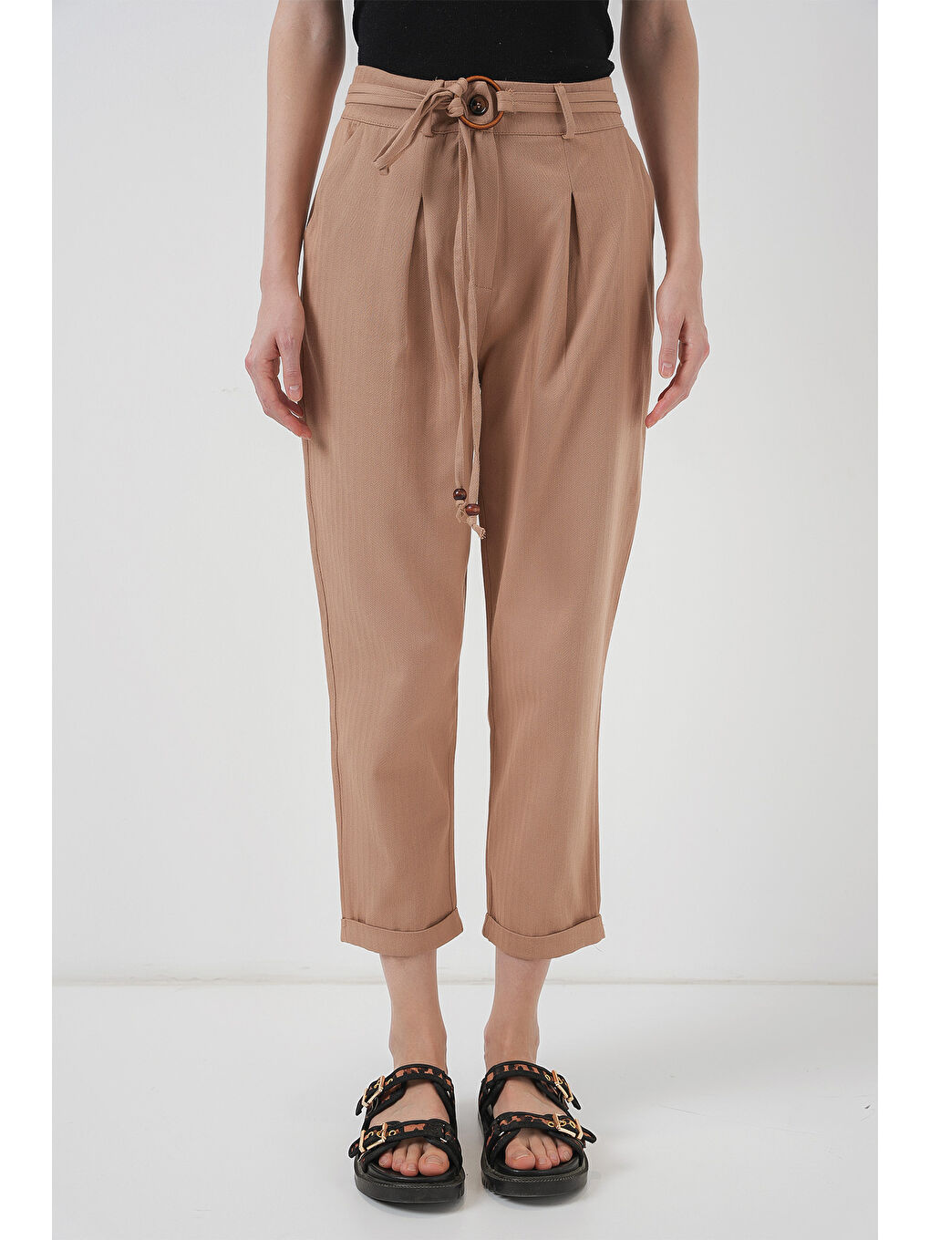 Bej 6660 Kemerli Keten Pantolon - Bisküvi-1