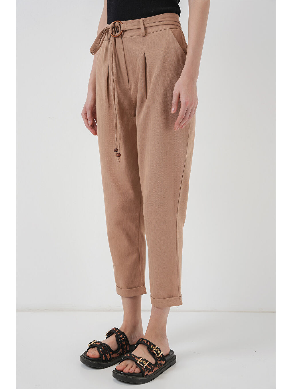 Bej 6660 Kemerli Keten Pantolon - Bisküvi-3