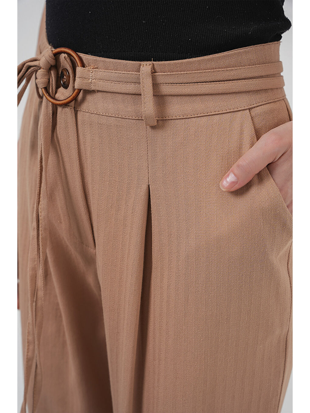 Bej 6660 Kemerli Keten Pantolon - Bisküvi-4