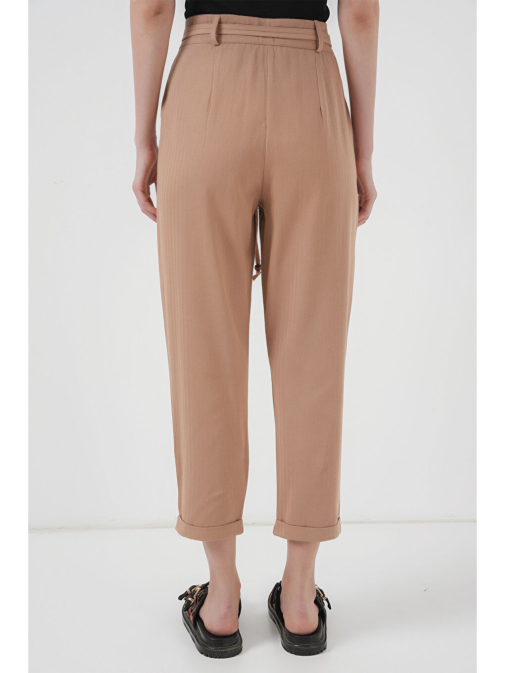 Bej 6660 Kemerli Keten Pantolon - Bisküvi-5