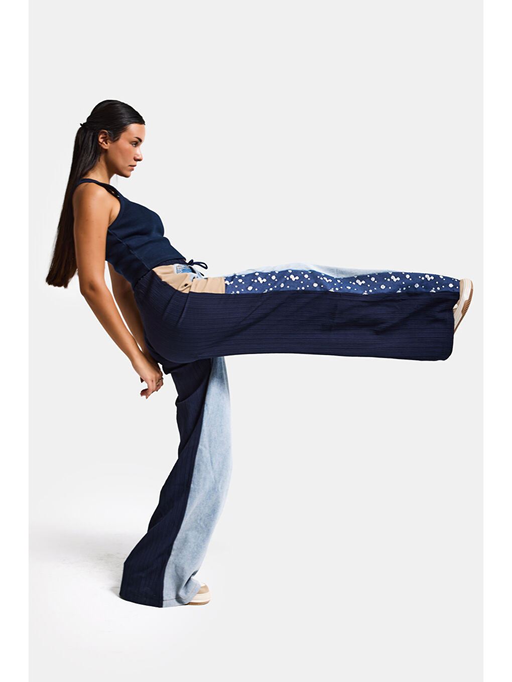 Mavi Kadın Jean Rengi Kumaş Denim Parçalı Bol Kesim Tasarım Denim Pantolon-3