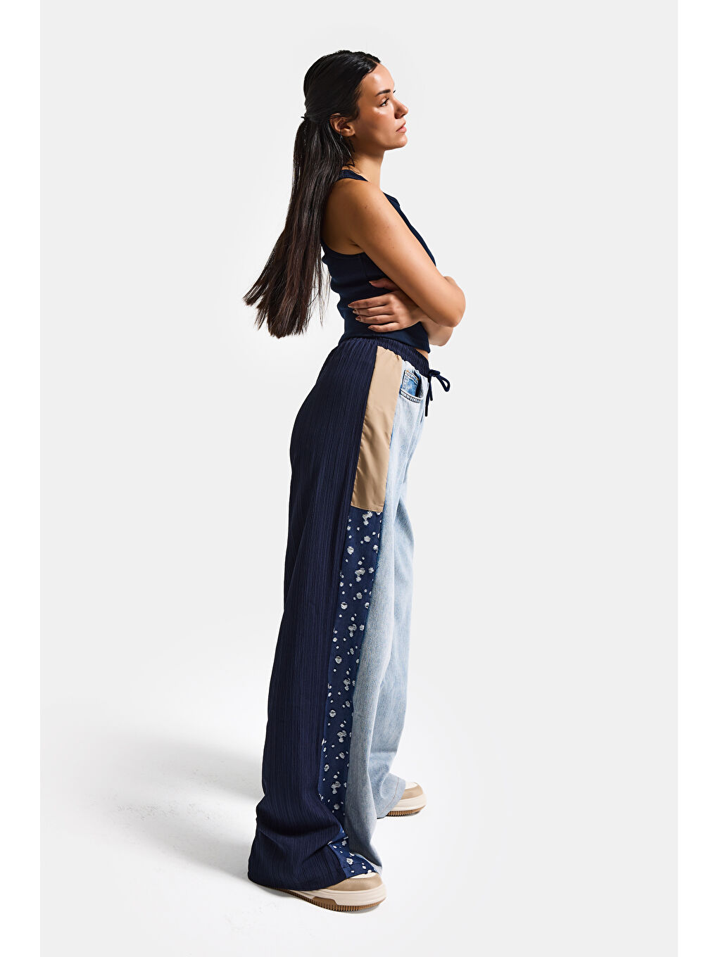 Mavi Kadın Jean Rengi Kumaş Denim Parçalı Bol Kesim Tasarım Denim Pantolon-5