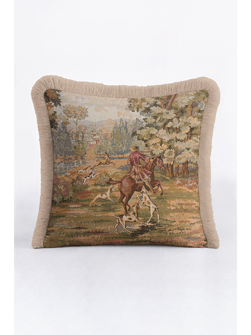 Karışık Avangard Av Sahnesi Saçaklı Yastık Kılıfı - Klasik Rustik Doğa Temalı Bej Püsküllü Kırlent Kılıfı-1