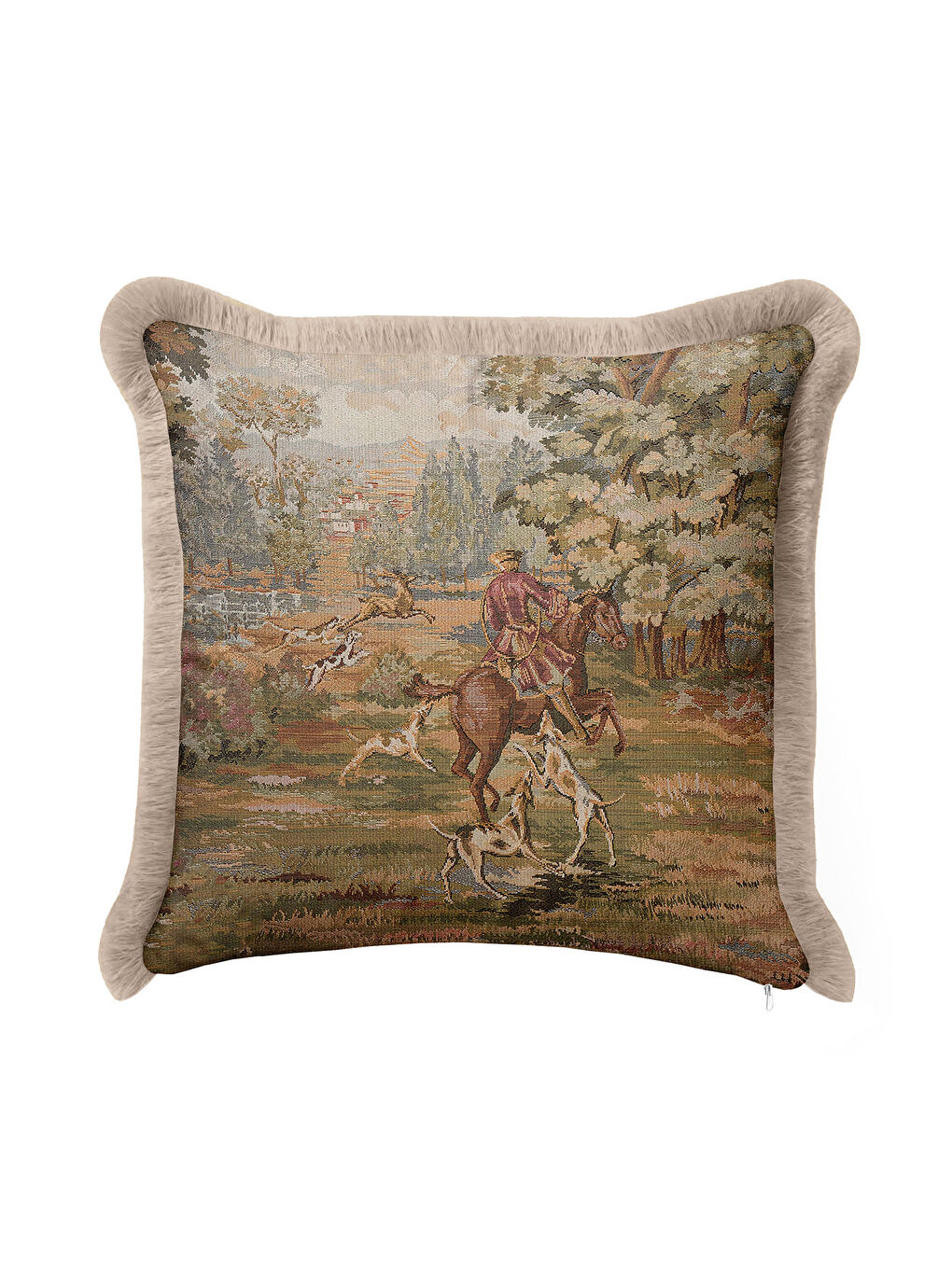 Karışık Avangard Av Sahnesi Saçaklı Yastık Kılıfı - Klasik Rustik Doğa Temalı Bej Püsküllü Kırlent Kılıfı-2