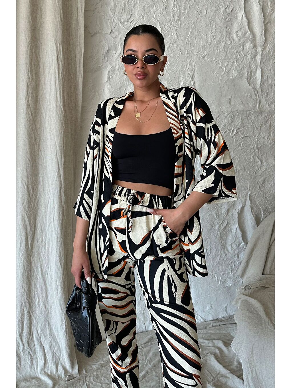 Kahverengi Kadın Renkli Zebra Desenli Pantolonlu Kimono Alt Üst Takım-6