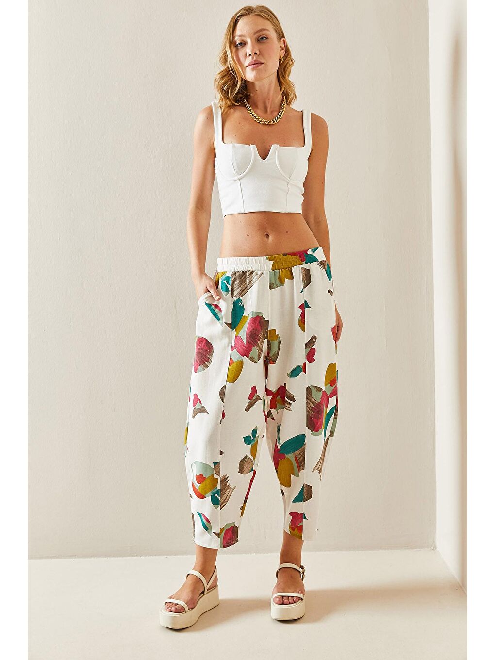 Bej Taş Rengi Desenli Şalvar Kesim Keten Pantolon 3YXK5-47516-56