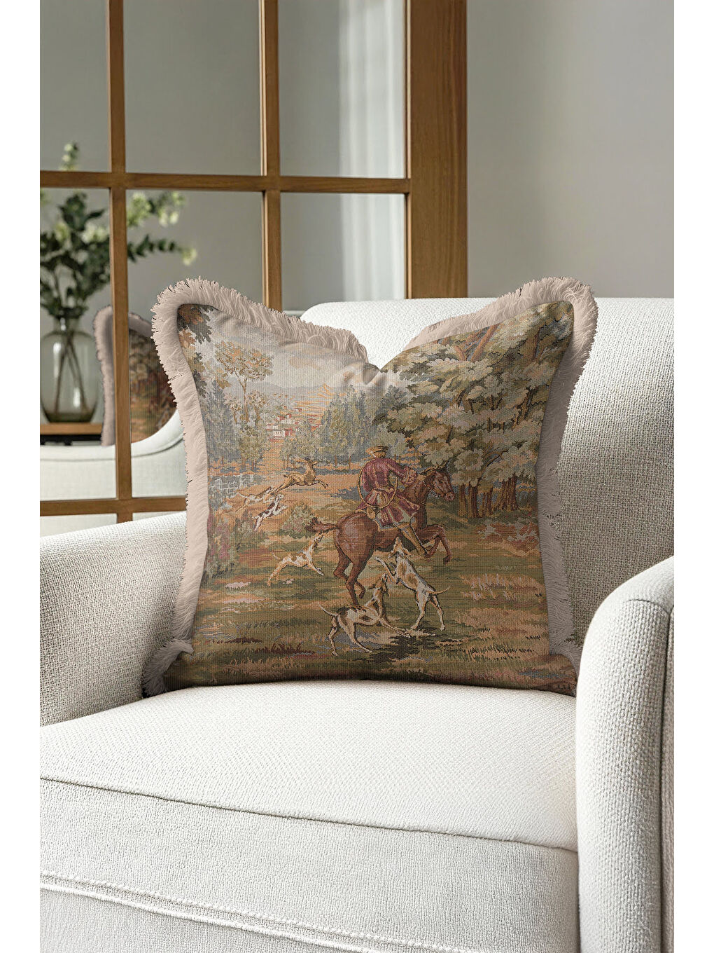Karışık Avangard Av Sahnesi Saçaklı Yastık Kılıfı - Klasik Rustik Doğa Temalı Bej Püsküllü Kırlent Kılıfı-4
