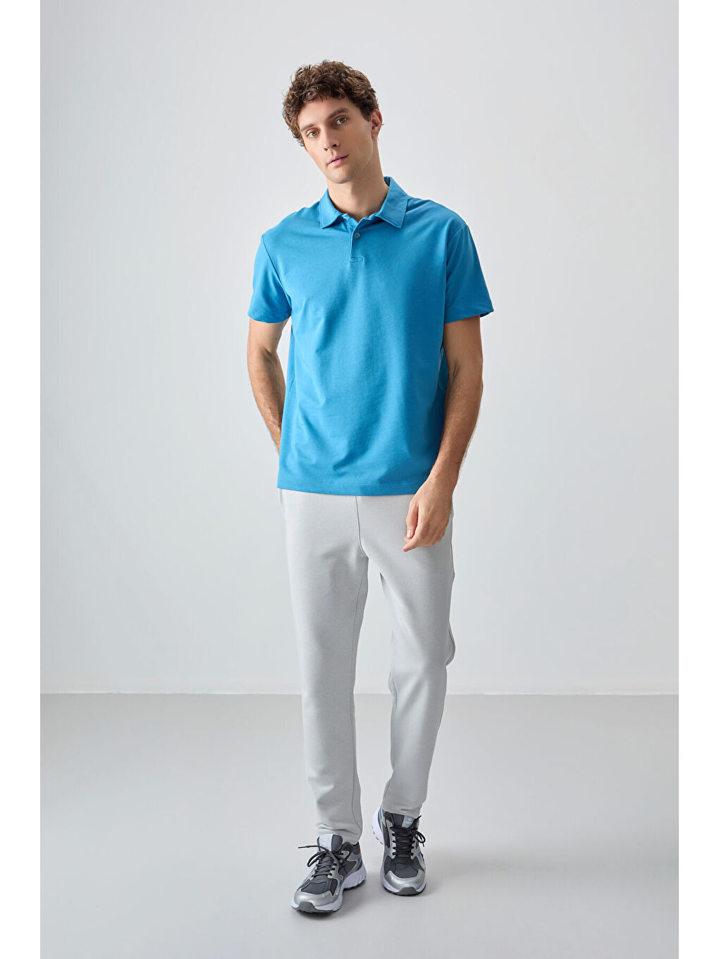 Petrol Mavi Pamuklu Kalın Yumuşak Dokulu Polo Yaka Oversize Fit Basic Erkek Tişört- 88381-2