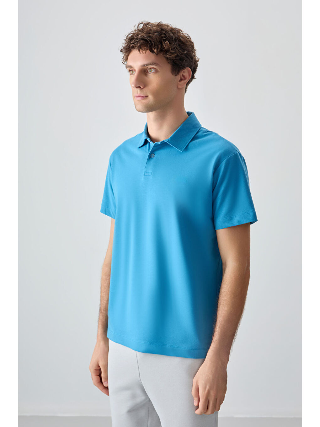 Petrol Mavi Pamuklu Kalın Yumuşak Dokulu Polo Yaka Oversize Fit Basic Erkek Tişört- 88381-3