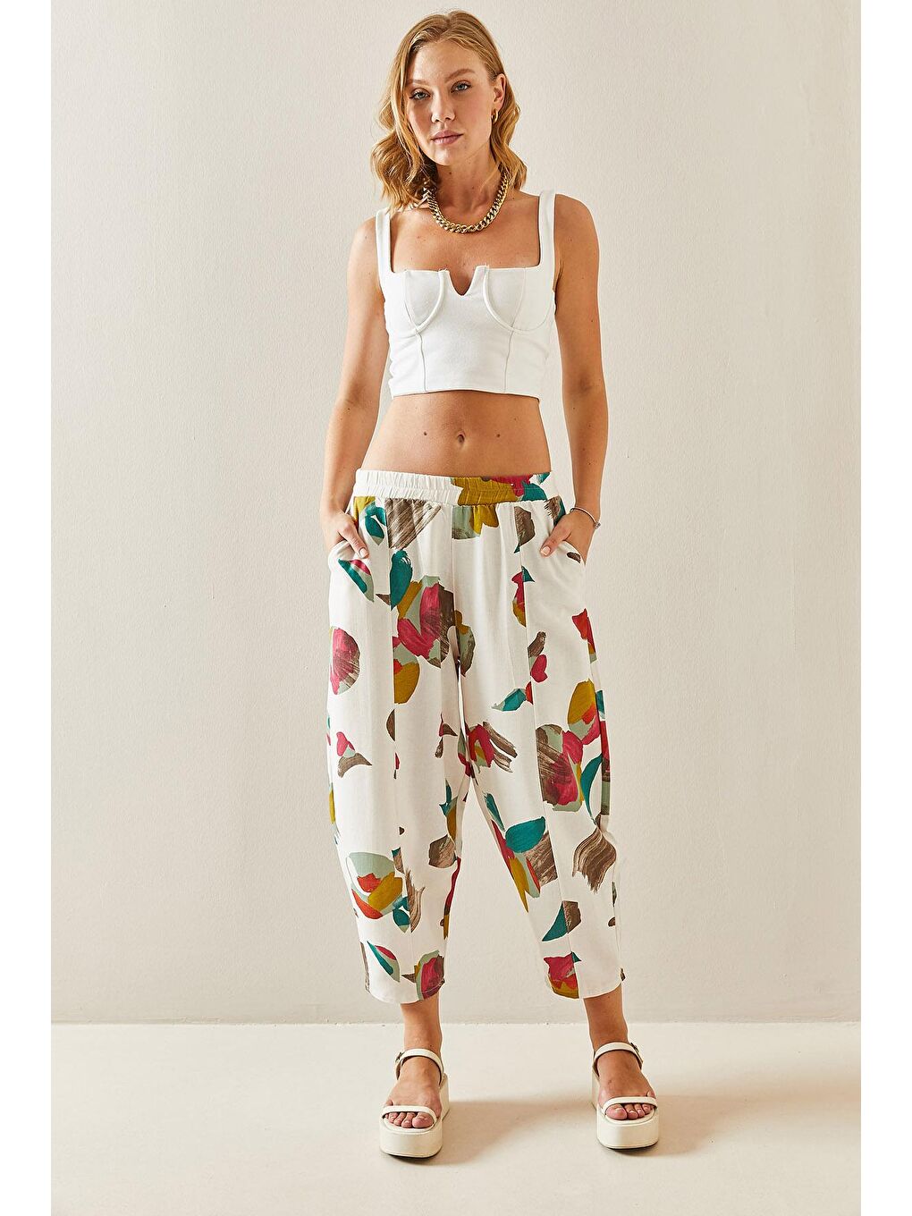 Bej Taş Rengi Desenli Şalvar Kesim Keten Pantolon 3YXK5-47516-56-1