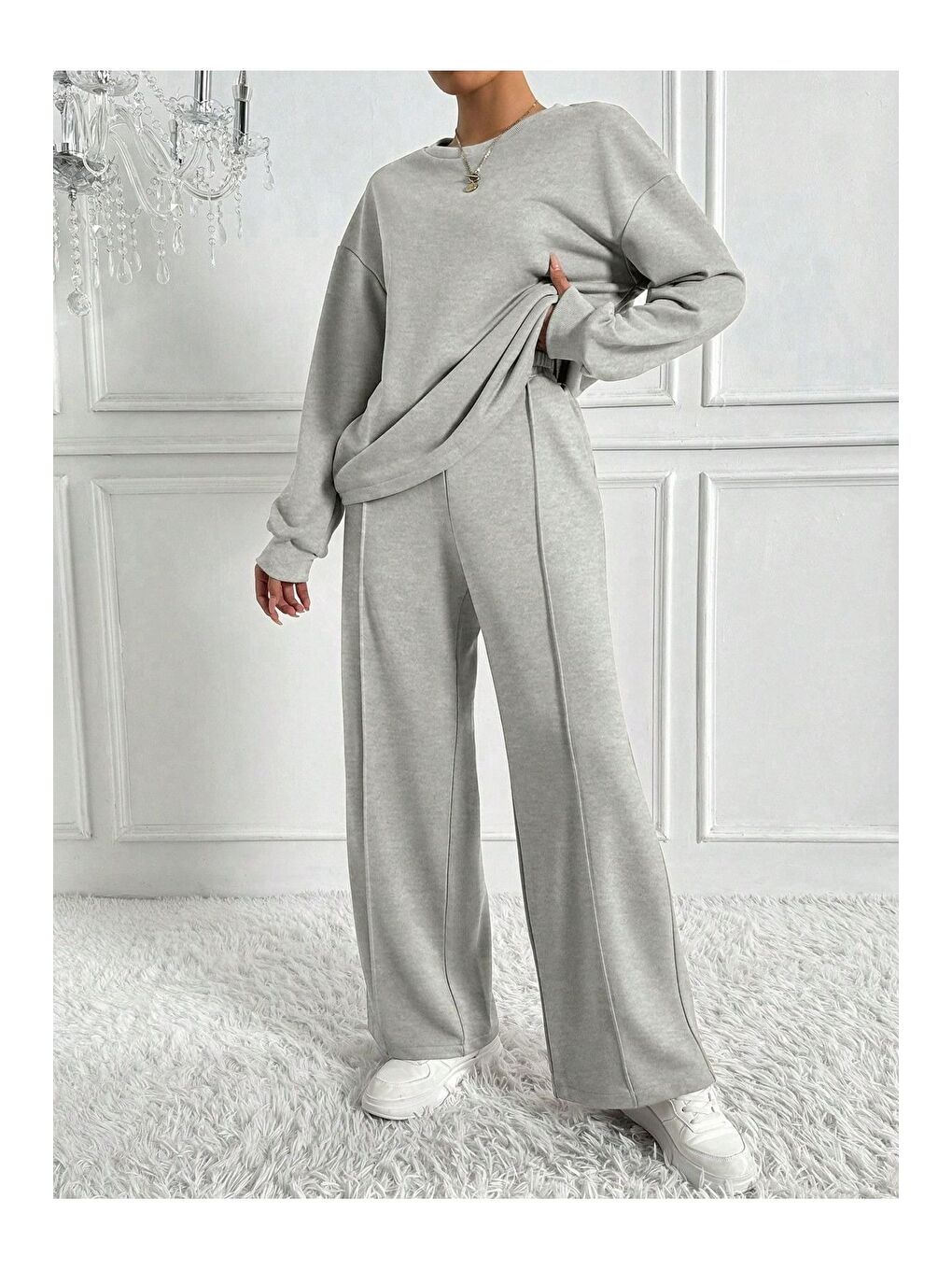 Kadın Gri Interlok Kumaş Alt Üst Takım
