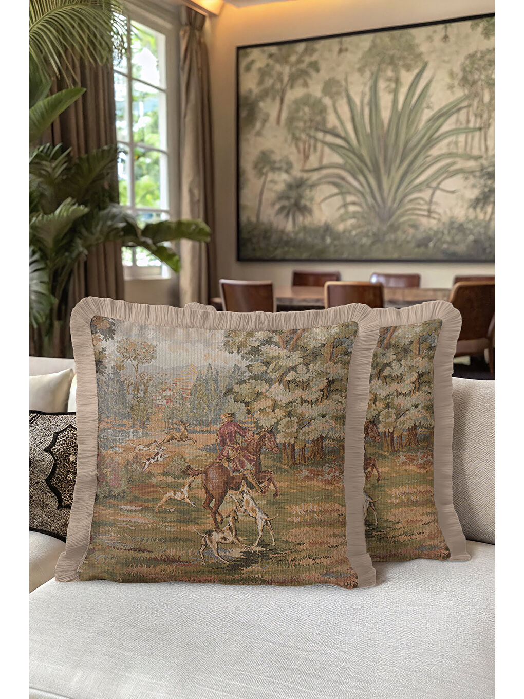 Karışık Avangard Av Sahnesi Saçaklı Yastık Kılıfı - Klasik Rustik Doğa Temalı Bej Püsküllü Kırlent Kılıfı-5