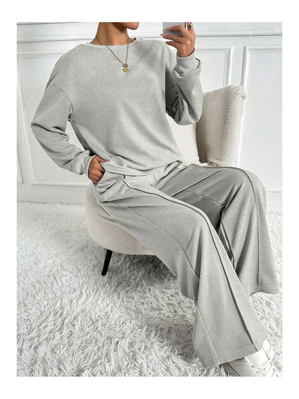 Kadın Gri Interlok Kumaş Alt Üst Takım-2